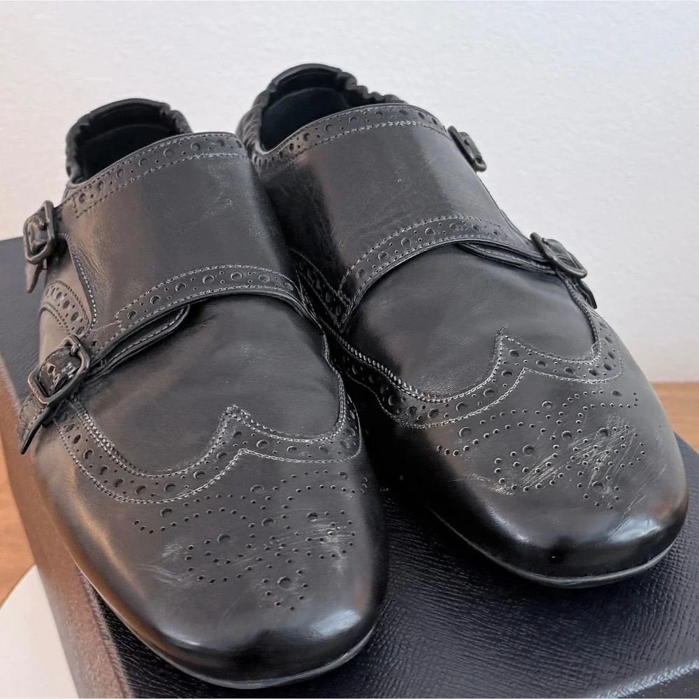 Prada 2EG469 Mens Leather Double Monk Strap Wingtip Shoes Grey Black UK 9